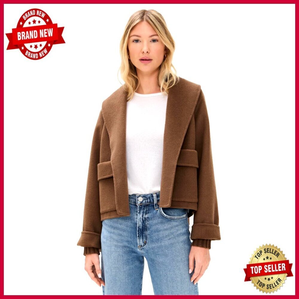 Cropped Felt Trench Coat with Shawl Collar and Pockets